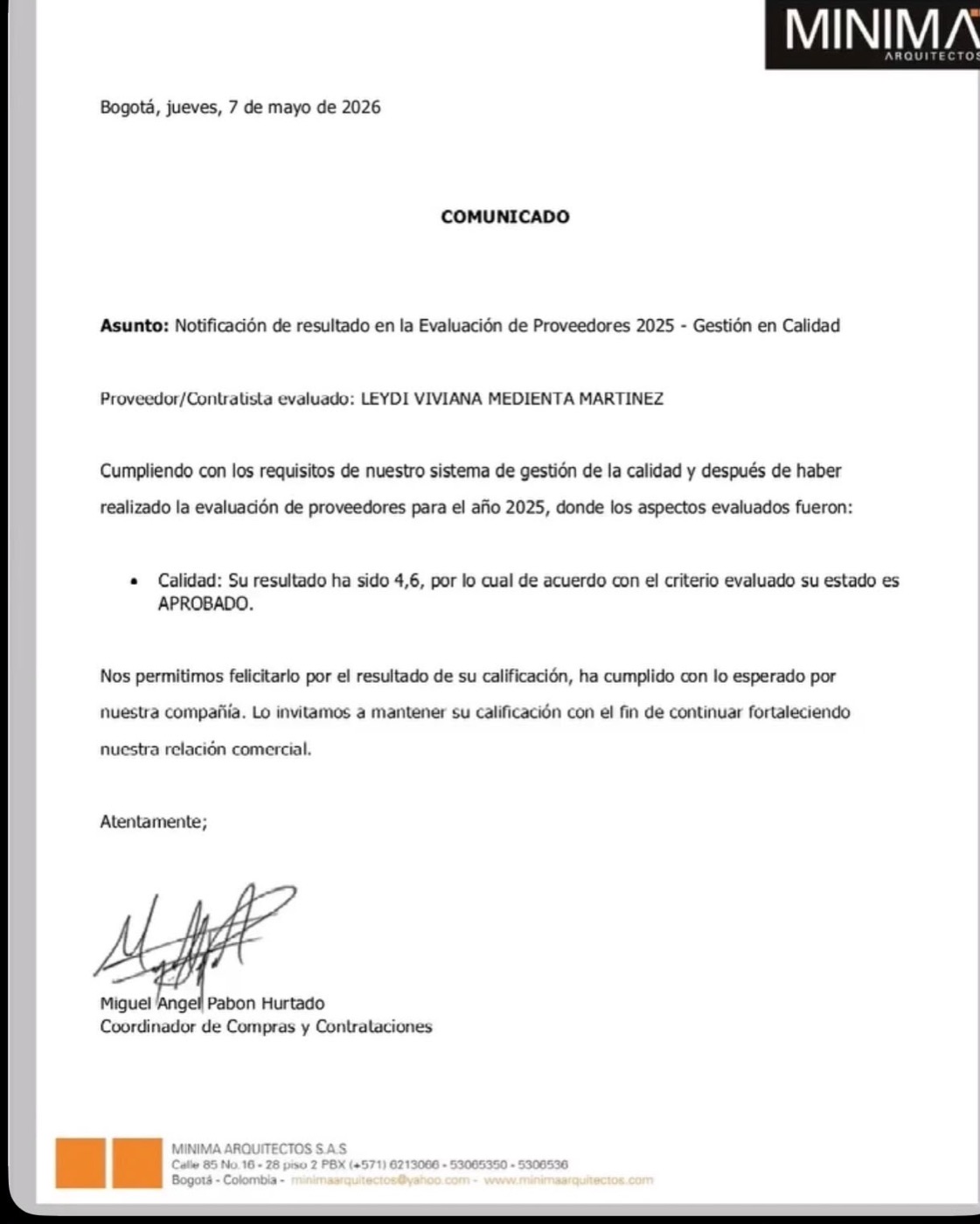 Certificado de Evaluación de Proveedores 2025 de Mínima Arquitectos — Calisombras aprobado con 4.6 en calidad